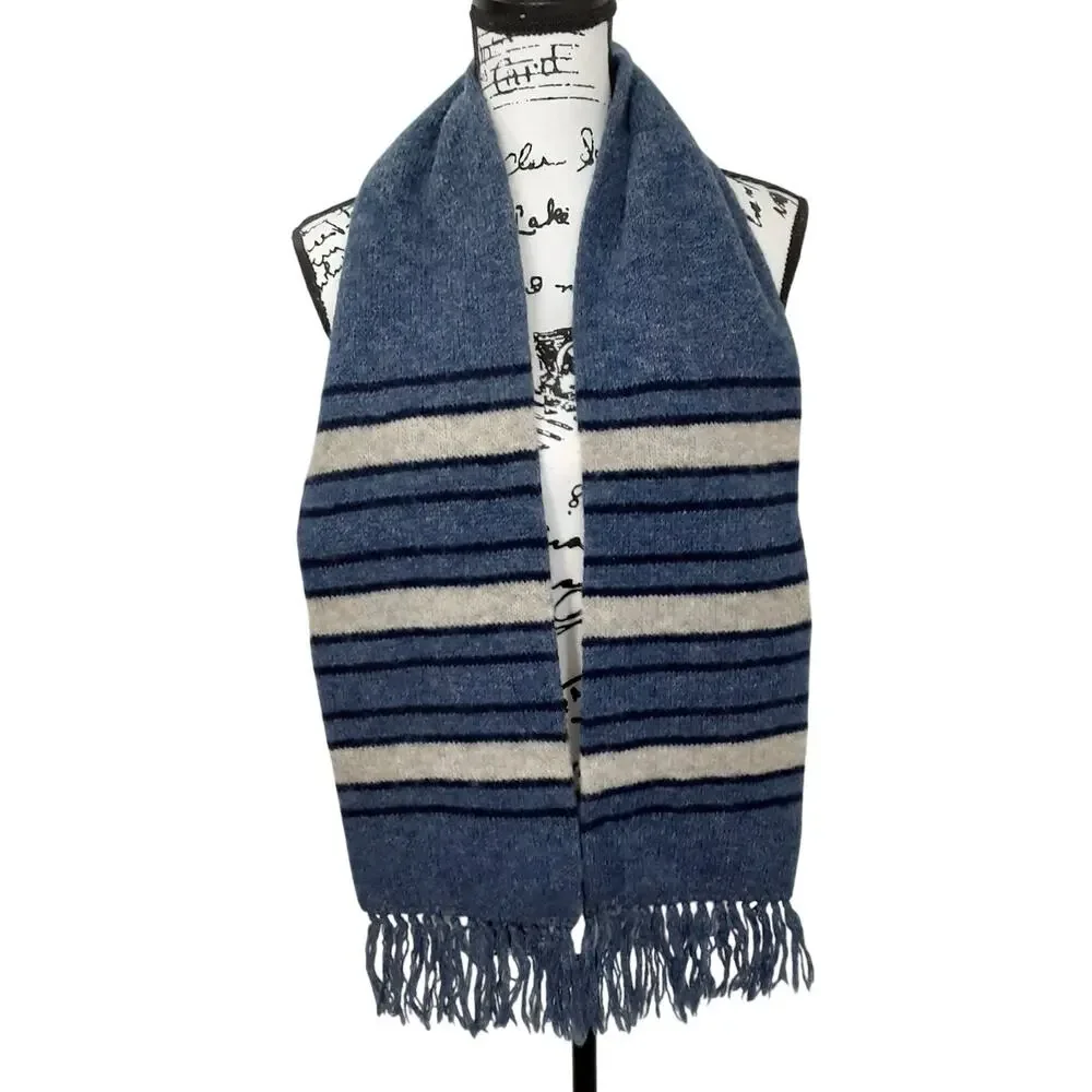 Vintage 100% Shetland Wool Neck Scarf Blue Striped Fringe Rectangle Made in USA